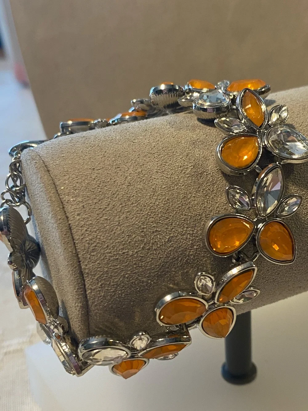 Crystal Floral Statement Necklace in Orange and Clear Sparkly Rhinestones